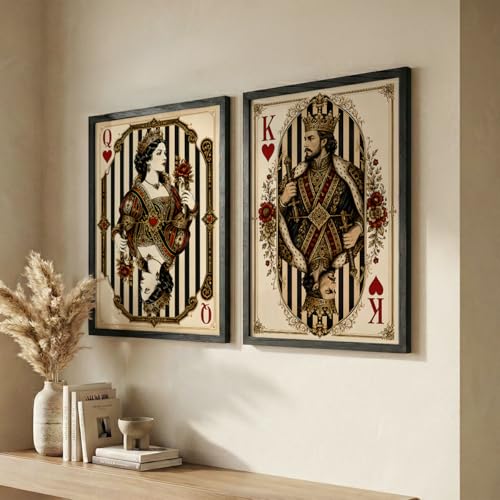 Image of NoWorries Vintage King & Queen of Hearts Playing Card Wall Art Set of 2, Framed Casino Card Prints, Royal Couple Gothic Decor, Poker Room Wall Decor, Antique Victorian Playing Card Artwork for Game Room (Art-12, 25x37inch)