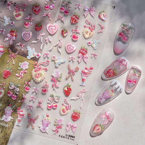 Image of Pink Nail Stickers Decals Bow Heart Nail Art Stickers with Strawberry Cherry Design 5D Embossed Self Adhesive Cute Nails Charms for Women Girls Manicure Decoration Accessories