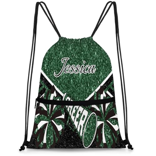 Custom Cheerleading Drawstring Bag, Personalized Cheer Bags with Name Sack Cinch Bags for Cheerleader Gift, Green Glitter