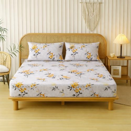 Image of Designer Floral Printed Flat Bedsheet for Double Bed 200tc to 220tc | Ultra Soft Cotton Fabric | King /Queen Size Top Sheet with 2 Matching Pillow Covers - 228 x 228 Cm, Grey Yellow