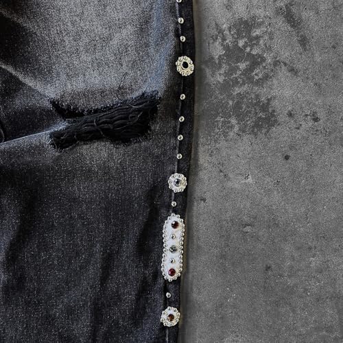 Rhinestone Jeans Men Baggy Y2K Ripped Bedazzled Denim Pants Wide Leg Streetwear Bling Bottoms Glitter Washed Distressed4