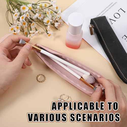 Image of Leather Pencil Pouch, 2 Pcs Slim Pencil Case Portable Small Pencil Pouch Soft Flat Pen Bags with Zipper Simple Makeup Bag Lipstick Case for Women Men Home, Office, Travel Outdoor (Black, Pink)
