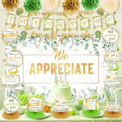 Image of We Appreciate You Party Decorations Sage Green Gold Thank You for All You Do Banner Honeycomb Centerpieces Hanging Swirls Kit for Office Employee Pastor Teacher Doctor Appreciation Party Gift Decor
