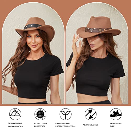Rainflowwer Cowboy Hat Men, Brown Cowboy Hat For Women, Western Style Hat With Wide Belt Wide Brim #TOP6
