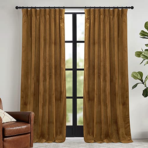 Image of RYB HOME Gold Brown Velvet Curtains 63 inches Length with Hook Belt | Soft Fabric, Room Darkening, Thermal Insulated, Luxurious Home Decor, Drapes for Living Room Bedroom, W42 x L63, 2 Panels