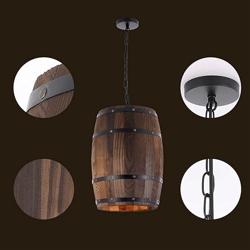 Miniatura 4 de Lámpara colgante de barril de madera antigua para decoración de interiores, lámpara colgante de techo retro industrial ajustable para sala de estar,