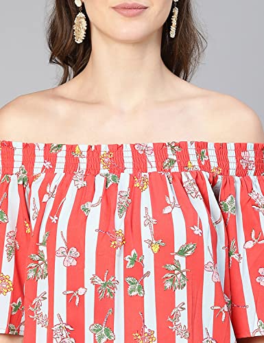 Image of oxolloxo Women Stripe & Floral Digital Print Off -Shoulder Polyester Top