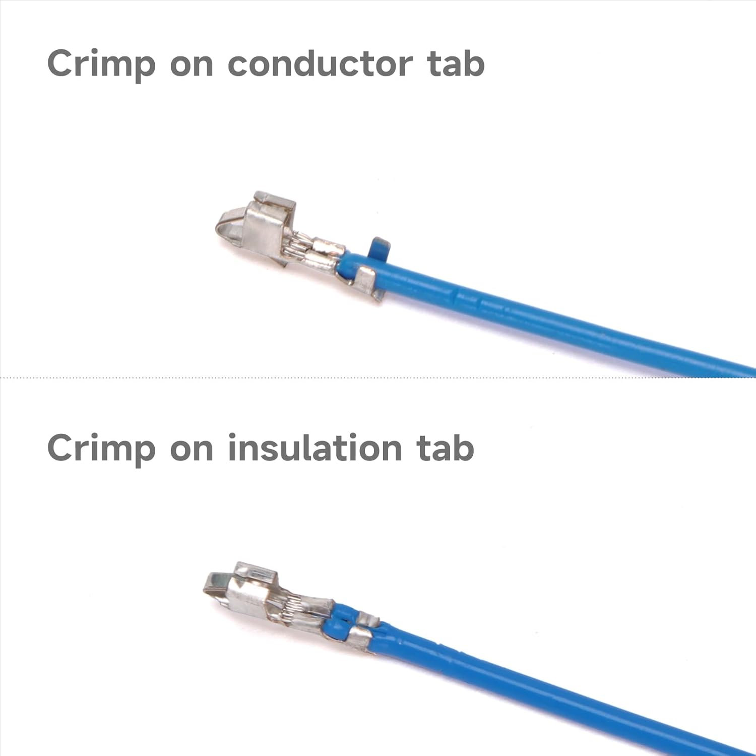 Properly crimped conductor and insulation on a blue wire