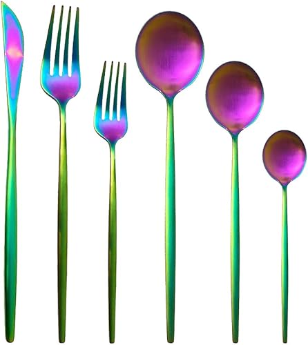 Miniatura 45 de Juego de cubiertos de 36 piezas de acero inoxidable 304 con acabado de manchas de color negro puro, cuchillo de vajilla de postre, tenedor, cuchara