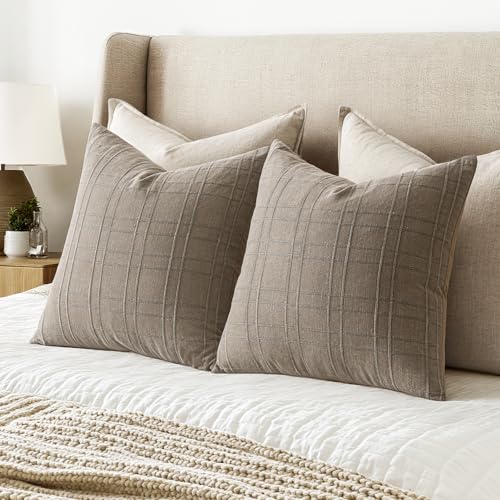 Image of MIULEE Decorative Linen Check Throw Pillow Covers Neutral Farmhouse Vintage Pillow Covers 20x20 Set of 2 Boho Modern Winter Home Decor for Sofa Couch Bedroom Cushion Tan Taupe