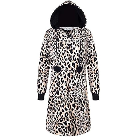 SofiePJ Women's Long Sleeve Fleece Printed Pull Over Hooded Sleepshirt with Pom poms Leopard Tan S Cover
