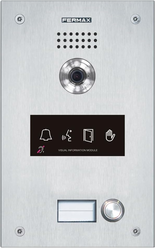Фронт view of the FERMAX Marine Panel Duox Plus ST2 CP101 DDA, showing the camera, speaker grille, visual information module, and call button.