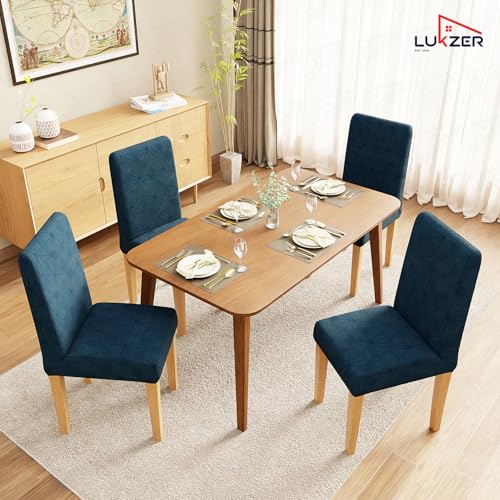 Image of Lukzer Elastic Dining Chair Cover - 2PC Pastel Marine Blue Starlight | Textured High Stretch Jacquard Seat Cover | Removable Washable Short Dining Chair Cover Protector Seat Slipcover | (CC-146-2)