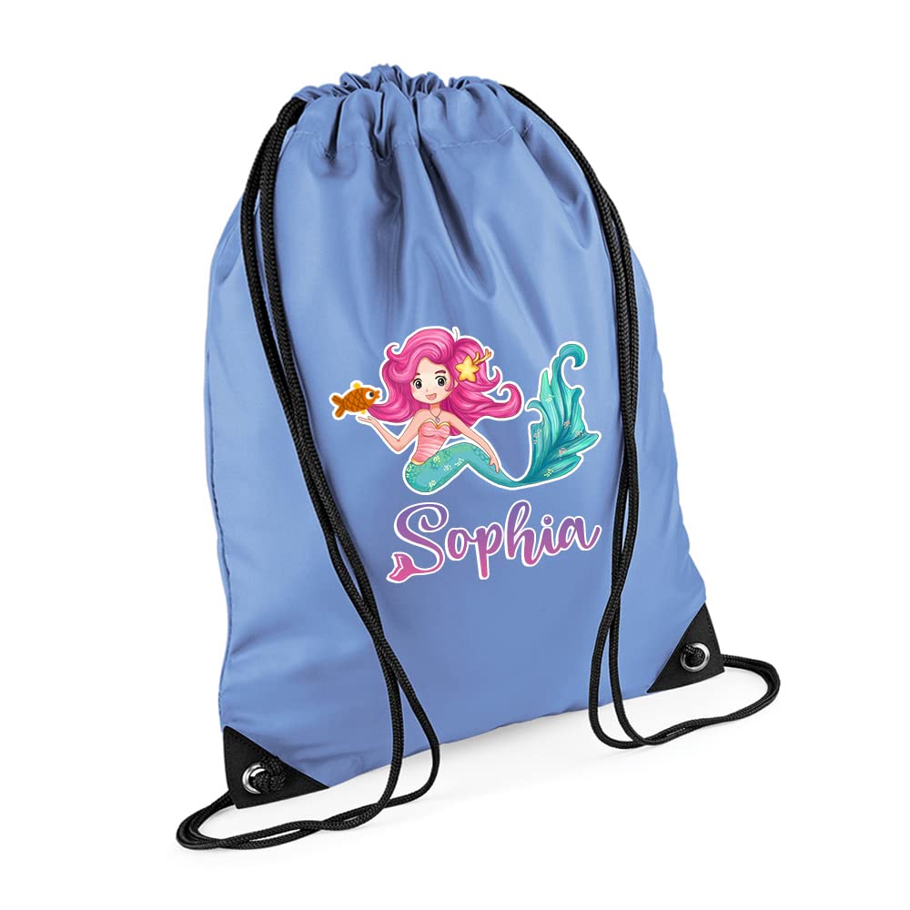 Mermaid Girl Gift Bag Personalised Backpack Mermaid Bag Gift for Kids-Girl Toddlers Birthday Girl Drawstring Bag, PE Gym Kit Swimming, Sport Rucksack. (Laser Blue)