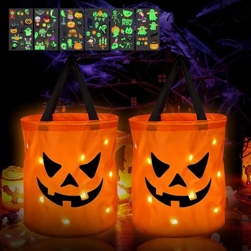 HIQE-FL Borsa Zucca Halloween,2 Pezzi LED Sacchetto di Caramelle di Halloween,6 Adesivi Luminosi,Borsa per Dolcetti con Luce LED,Riutilizzabile,Festa per Bambini (C)