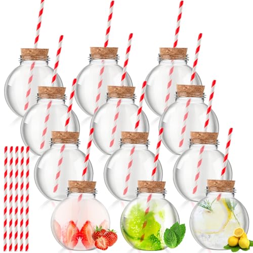 Yaomiao 24 Pcs 10oz/ 300ml Plastic Potion Bottles Empty for Drinks Mini Plastic Fish Bowl Ornament Cups Spherical Bottle with Cork and Straws Bulb Cups for Carnival Party(Red)