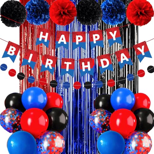 Image of Happy Birthday Banner Bunting, Swallowtail Design Sign for Backdrop Decor, Red and Blue Theme Birthday Decorations for Kids Boys, Hanging Decor 13pcs (Red)