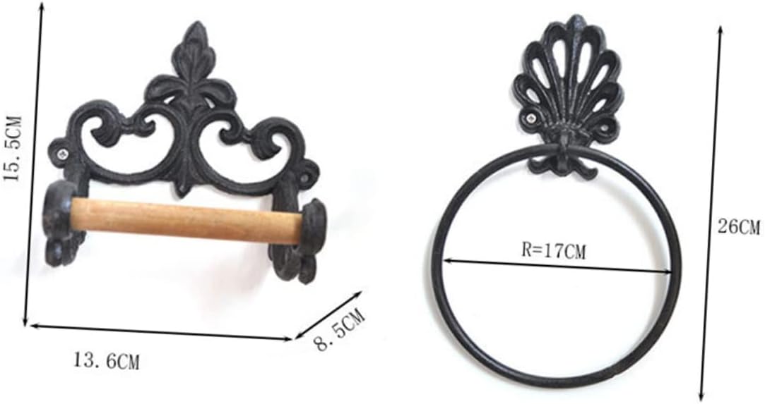 Hemoton 2pcs Black Wrought Iron Towel Hanging Ring and Tissue Rack Space-Saving Bathroom Storage for Towels and Paper Easy Installation Retro Style Home