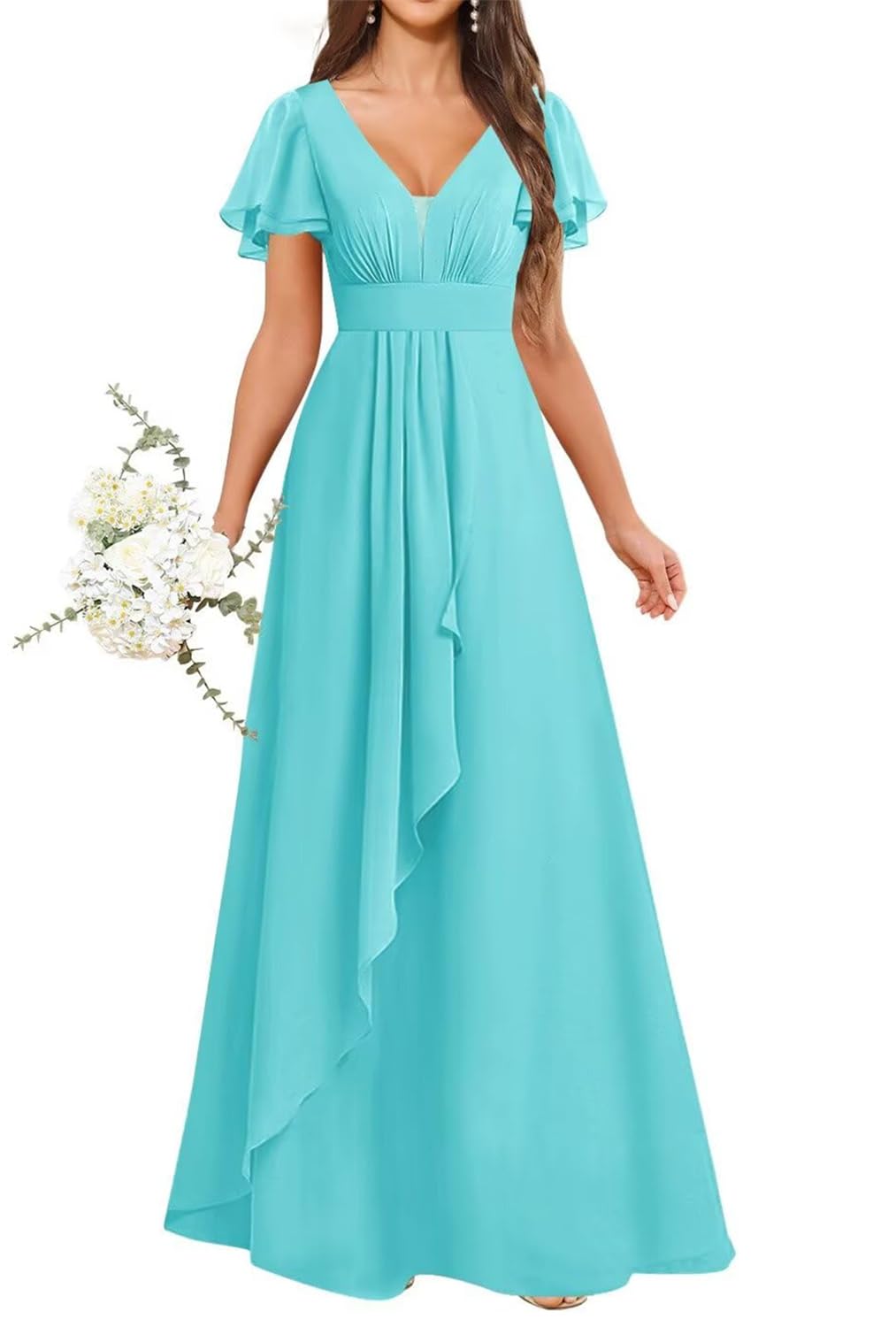 HPPEE Turquoise Bridesmaid Dresses with Sleeves for Women Ruched V Neck Long Maid of Honor Chiffon Formal Dress UK18