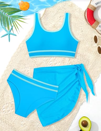 Image of Girls Swimsuit Double Strap High Waist Sporty Bikini Swimsuits Swim Cover Up Skirt 3 Piece Set