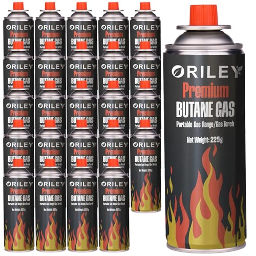 Image of ORILEY 25 x 225g Butane Gas Canister Portable and High Pressure Refill Fuel Cartridges for Camping Stove Outdoor Cooking & Lighter Welding Torch Fogging Machine (Pack of 25)