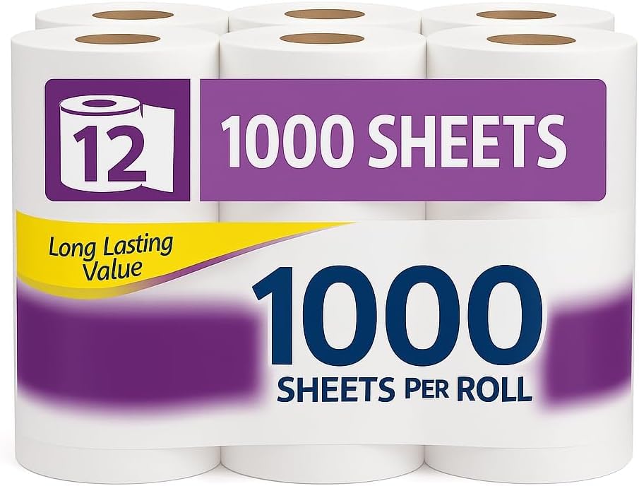 1000-Sheet Toilet Paper 12 Pack Premium 1-Ply Bath Tissue Soft & Strong Septic-Safe Long-Lasting Bathroom Tissue for Home Office & Commercial Use