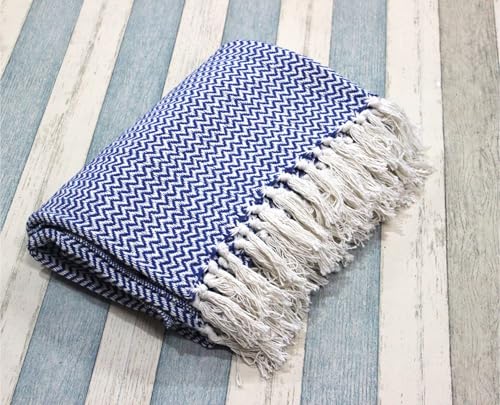 Image of Chevron 78X60 Inch Reversible Cotton Throw Blanket With Tassels| Blanket For Living Room, Sofa, Bed, Chair, Picnic & Used For Gift | Blue Narrow Chevron, Size - 200X150 Cm, 300 tc