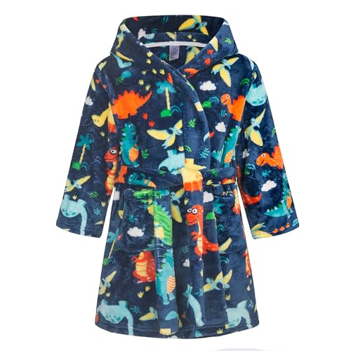 NautySaurs Boys Dressing Gown Girls Unisex Children's Bathrobe Soft Flannel Fleece Robe for Kids 1-12 Years (Navy - Dinosaurs, 9-12 Years)