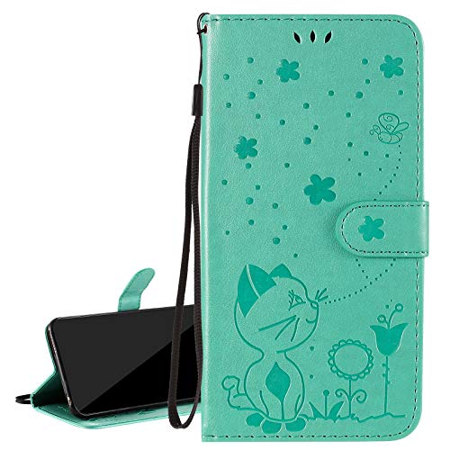 Laybomo Funda para Samsung I9500 Galaxy S4 Carcasa PU Cuero Billetera Tapa Flip Libro Delgada Soporte Plegable Ranuras, Suave Silicona Carcasa I9500 Galaxy S4, Lindo Gato (Verde)