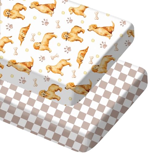 Image of Mindsoft 2 Pcs Golden Retriever Crib Sheet Set 52 x 28 x 8 Inches Fit for Standard Crib Toddler Mattress Newborn Gifts for Girl Boys, Breathable Soft Baby Sheet