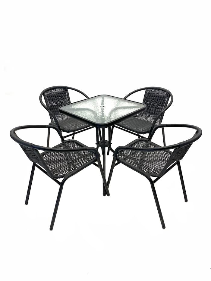 Black Rattan Garden Furniture Set - 4 x Black Rattan Chairs & 1 Square Glass Table, Garden Table & Chair Sets