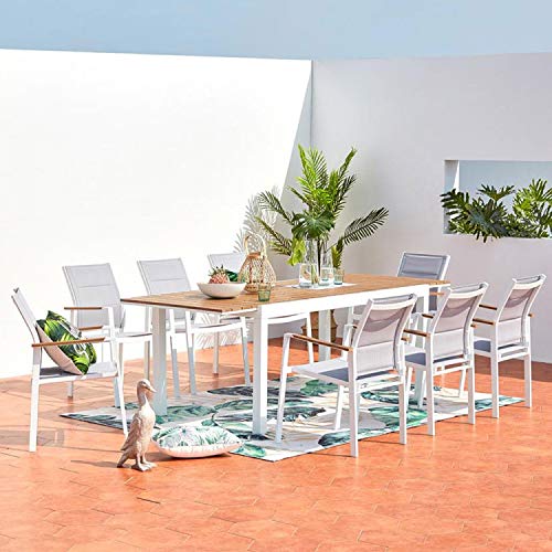 CONCEPT USINE | Salon de Jardin Repas 8 Places en Aluminium | Design Tijuana Blanc & Bois | Table Extensible | Elégant et Confortable | Structure Alu Légère...