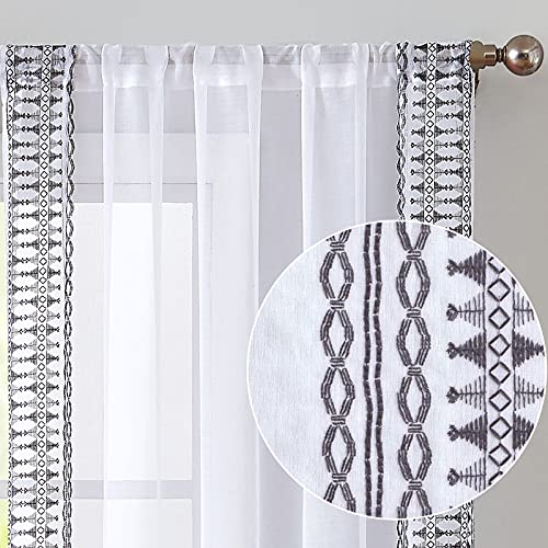Jinchan Sheer Curtains Embroidered Bordered Rod Pocket 2 Panels Grey on White 63 inch Voile Living Room Bedroom Window Curtain Set Jinchan Sheer Curtains Embroidered Bordered Rod Pocket 2 Panels Grey on White 63 inch Voile Living Room Bedroom Window Curtain Set