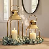 Decorative Metal Lanterns Indoor Outdoor, Candle Holder for Porch, Patio, Fireplace, Floor, Wedding, Christmas, Fall, Holiday, Farmhouse Table Centerpiece (Gold, Set of 2 15.7' 12')