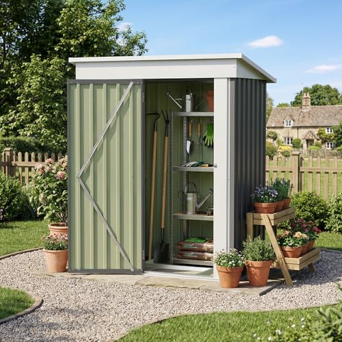 Image of Devoko 5 x 3 FT Storage Sheds with Floor Frame, Waterproof Garden Tool Shed with Lockable Door, Outdoor Metal Small Shed for Backyard Patio Lawn, Gray