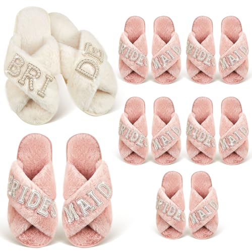 Shihanee 7 Pairs Bride and Bridesmaid Slippers Set Fuzzy White Pink Bridal Slippers Pearl Letter Open Toe for Bridal and Bachelorette Party Gifts