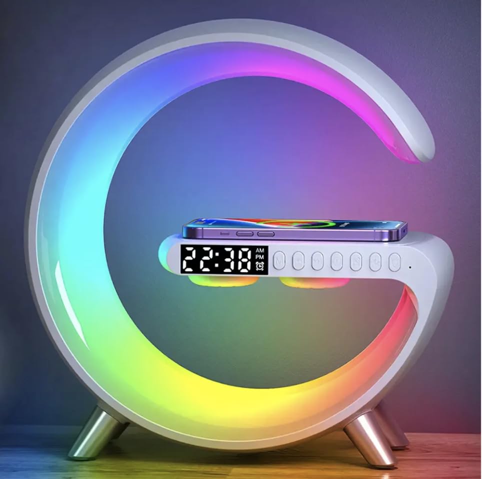 DAVXS - Lampe de Table Intelligente Blanc : Lampe d'Ambiance Haut-Parleur Bluetooth, Chargeur sans Fil, Tactile à Intensité Variable avec Synchronisation de la Musique