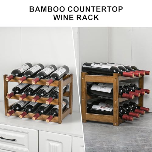 VASMIA Bamboo Wine Rack, Sturdy and Durable Wine Storage Cabinet Shelf, Wine Racks Countertop for Pantry,Kitchen,3-Tier 12 Bottles Wine Rack, Walnut by VASMIA - Image 4