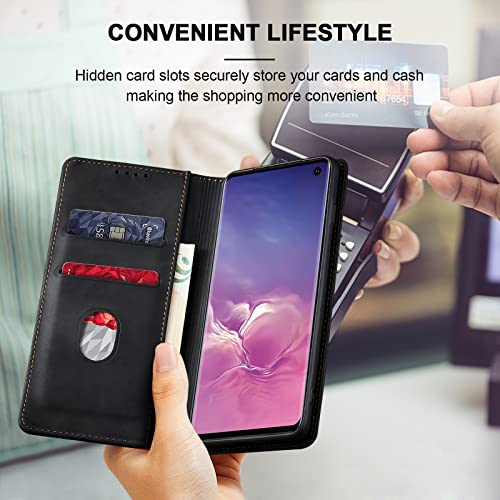 Image of Jasonyu Flip Wallet Case for Samsung Galaxy S10,Leather Magnetic Folio Cover with Card Holder,Kickstand - TPU Shockproof Durable Protective Phone Case,Black