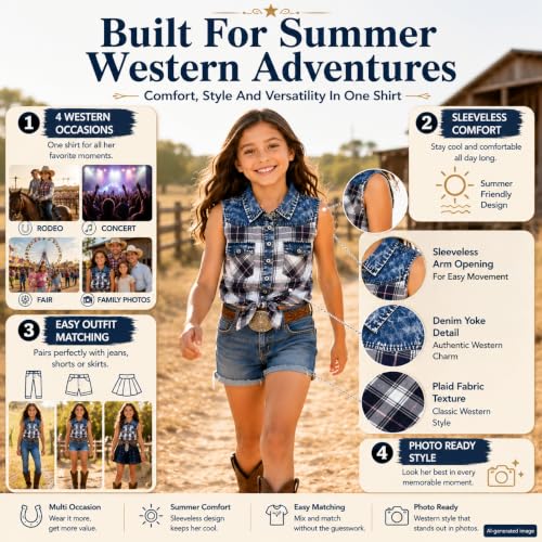 Image of Bienzoe Western Plaid Girls Shirt: Sleeveless Button Down | For girls who love cowgirl style, rodeo days, country concerts, summer comfort, family photos, horse shows, outdoor fun