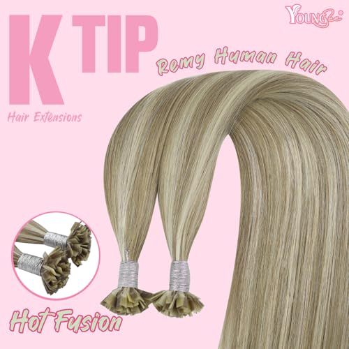 Image of YoungSee K Tips Hair Extensions Real Human Hair Light Brown K Tip Extensions for Women Light Brown Highlight Blonde 22In Straight 50s /50g