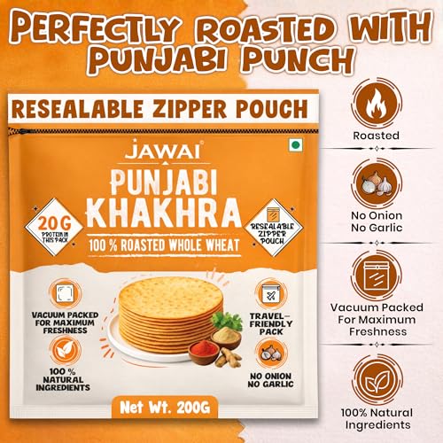 Image of JAWAI ROASTED WHOLE WHEAT KHAKRA COMBO- Punjabi, Manchurian, Cheese, Pani puri Khakhra, Plant Based, Ready To Eat Healthy Snacks Vaccum Packed (Pack of 4-200 gms each)