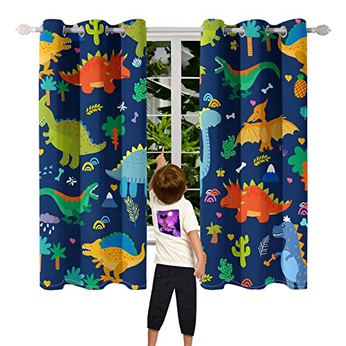 Dinosaur Blackout Curtains 2 Panels 63" Inch Drapes Boys Curtains for Bedroom Cute Dinosaur Themed Grommet Top Thermal Insulated Boys Room Curtains for Nursery, Navy Blue, 82" x 63"