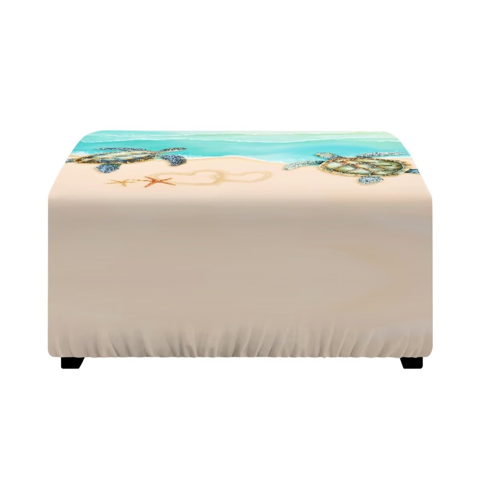 Xoenoiee Square Ottoman Cover Stretch Footrest Stool Cover Soft Nonslip Ottoman Slipover Footstool Furniture Protector with Elastic Bottom, Beach Sea Turtles, Large