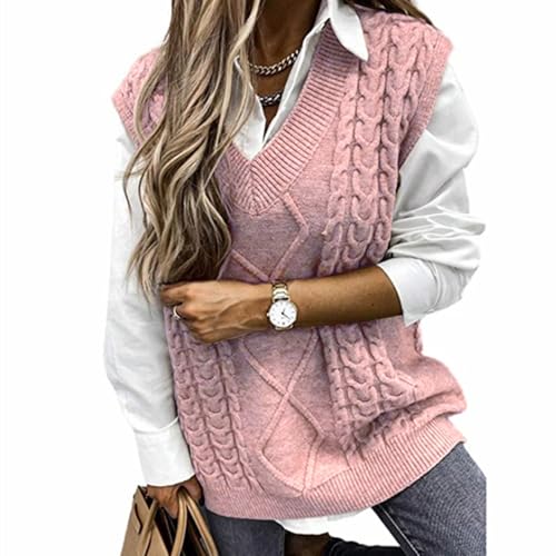 Image of Women's Sweater Vest,Long Cable Loose Knitted Sleeveless V Neck Casual Sweaters Tank Top S~XL