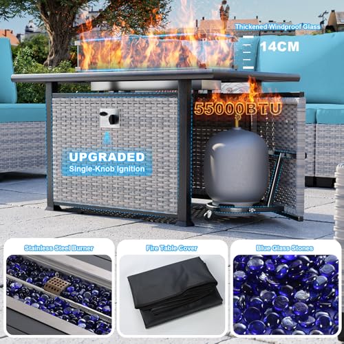 Image of 18-Piece Patio Furniture Set, Outdoor Patio Furniture with 55,000 BTU Fire Pit Table, Swivel Chairs Set, Thick Cushions, Modular Patio Sofa, Dual-Strand Wicker Rattan, Rust-Resistant Frame,Lake Blue
