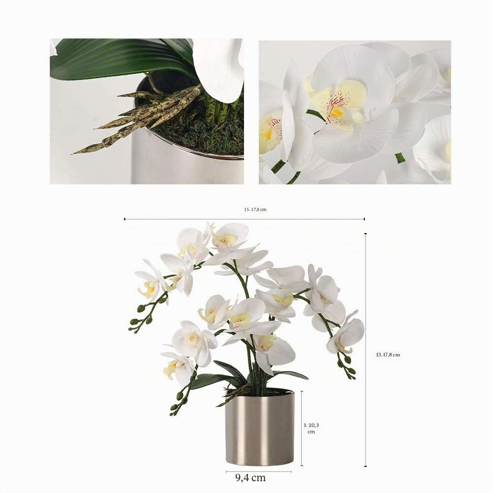 LESING Künstliche Orchideen-Blume mit Vase, weiße Orchidee, Bonsai, künstliche Orchidee, Phalaenopsis, Blumentopf, Arrangements für Heimdekoration (weiß, silberfarbene Vase)