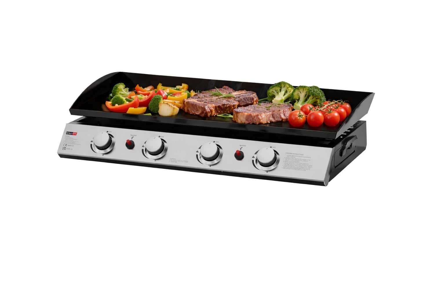 Huge 4 Burner Gas Plancha BBQ Grill with Black Enamelled Griddle, Gas Regulator & Cover, Stainless Steel, 77.5cm x 34.5cm cooking area, 4 x 2.5kw Burners