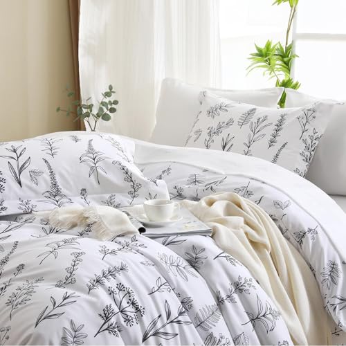 Image of MUXHOMO White King Comforter Set, Elegant Floral Print Bed in a Bag 7 Pieces, Ultra Soft & Breathable Reversible Botanical Pattern Bedding Set with Comforter, Sheets, Pillowcases, and Shams