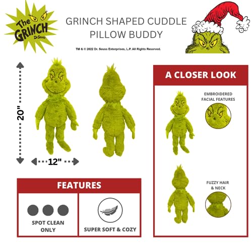 Image of Dr. Seuss The Grinch Holiday & Christmas Bedding Super Soft Plush 20 Inch Cuddle Pillow Buddy, (Officially Licensed Product) By Franco